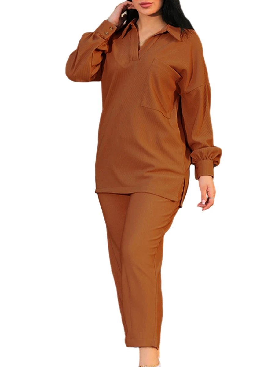 

Women's 2 Piece Casual Outfits Long Sleeve Lapel Shirt High Waist Pants Sets Streetwear