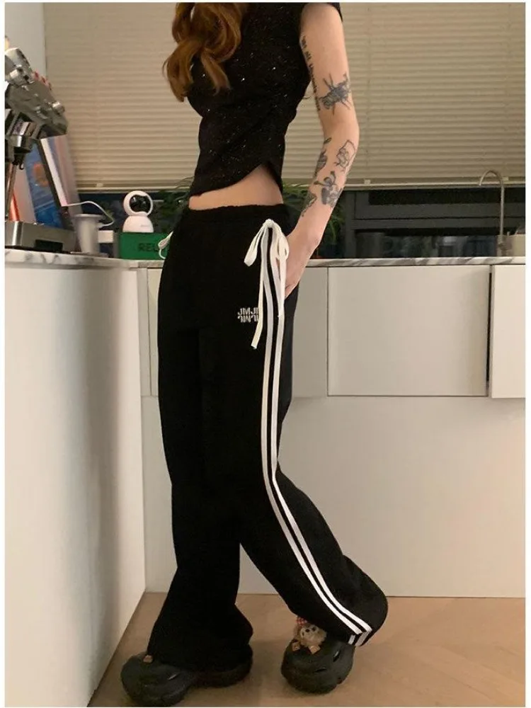 HOUZHOU Y2k Black Striped Sweatpants Woman Korean Fashion Spring Gyaru Wide Leg Sports Pants Streetwear Harajuku Trouser Kpop