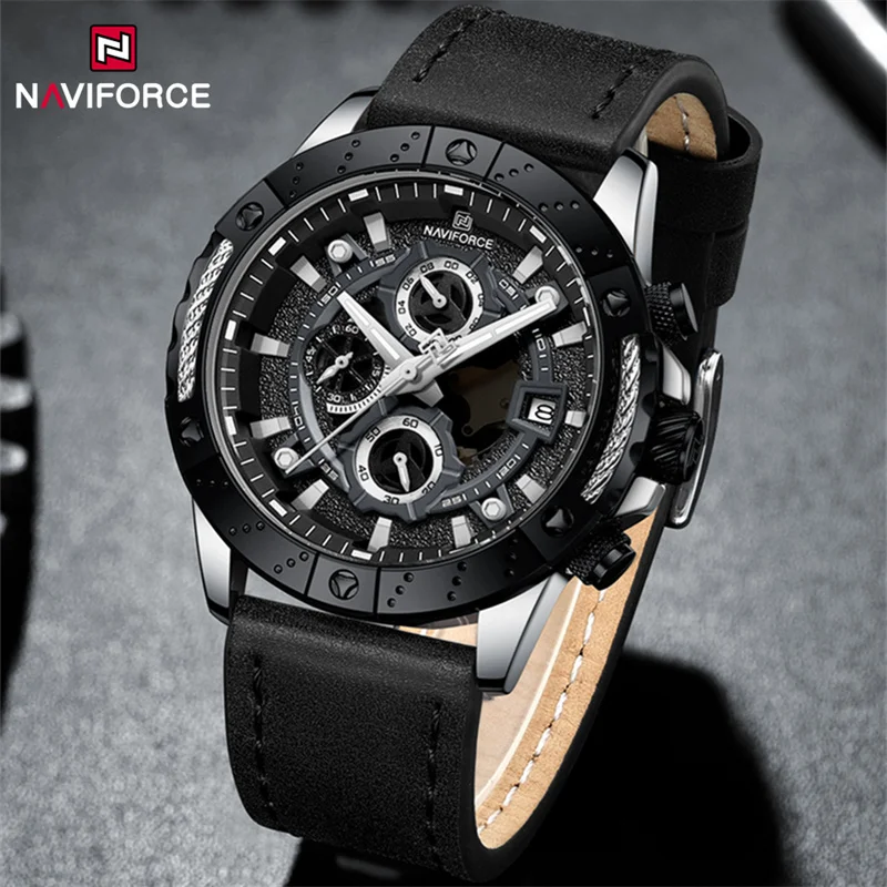 

NAVIFORCE Brand Original Men's Luxury Watch Leather Band Sport Chronograph Quartz Wristwatch Waterproof Luminous Calendar Clock