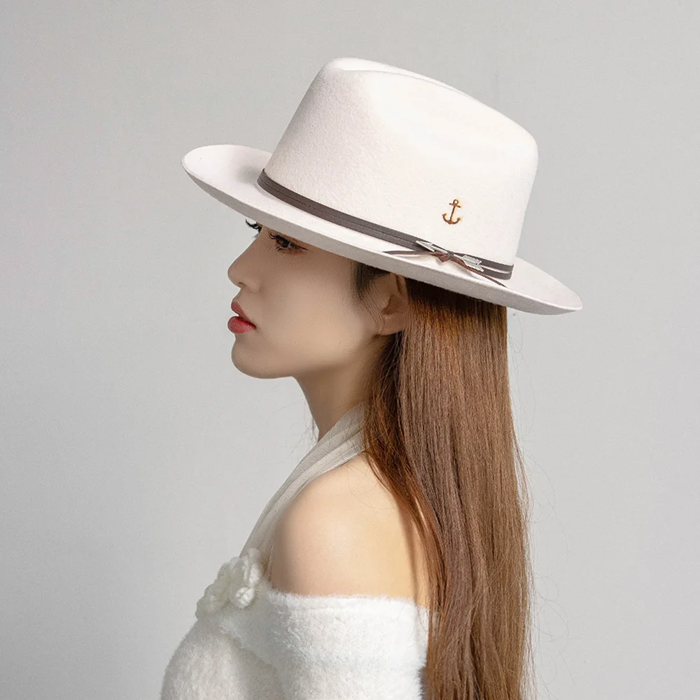 Damen-Fedora-Hut aus 100 % Wolle, Trilby-Kappen, breite Upturn-Krempe, Jazz-Kappe mit Pfeil, Ledergürtel für kirchliche Hochzeitsfeier – Detail 7