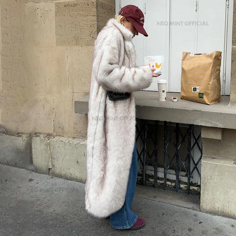 Neo Mint Vintage Luxury Long Faux Fox Fur Coat Women 2024 Winter Warm Fluffy Fur Jacket Female Street Furry Outerwear Overcoat 4