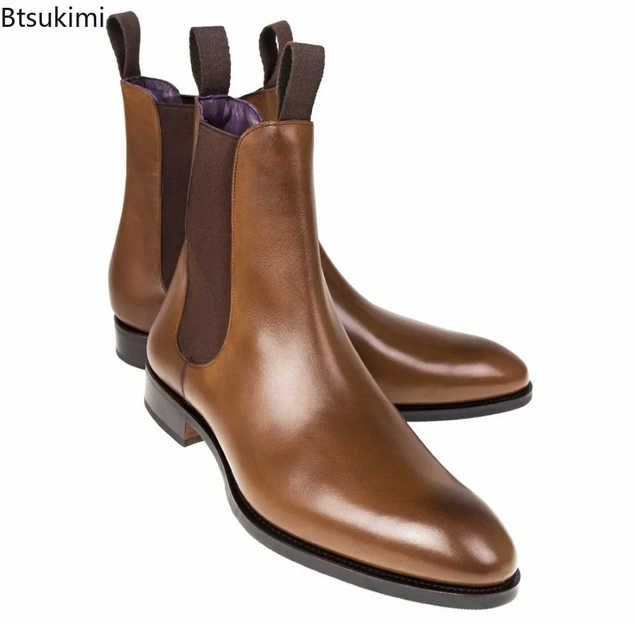 New Chelsea Boots Men Shoes PU Brown Fashion Versatile Business Casual British Style Street Party Wear Classic Dress Ankle Boots