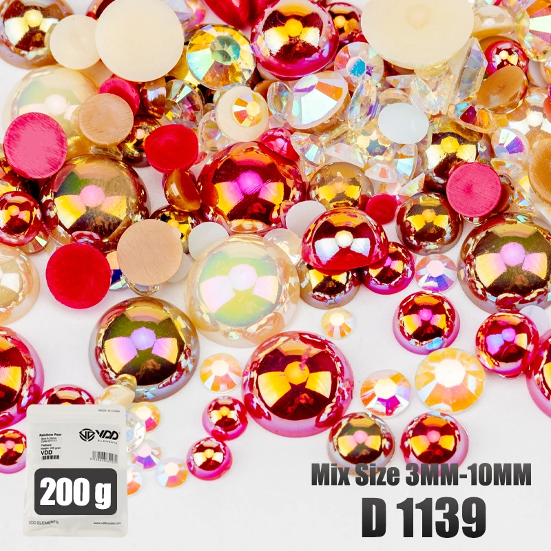 Nail art rhinestones VDD 200g Mix Size Half Round Pearls ABS Flatback Beads Resin Color AB Rhinestones For Crafts DIY Nail Art Decorations