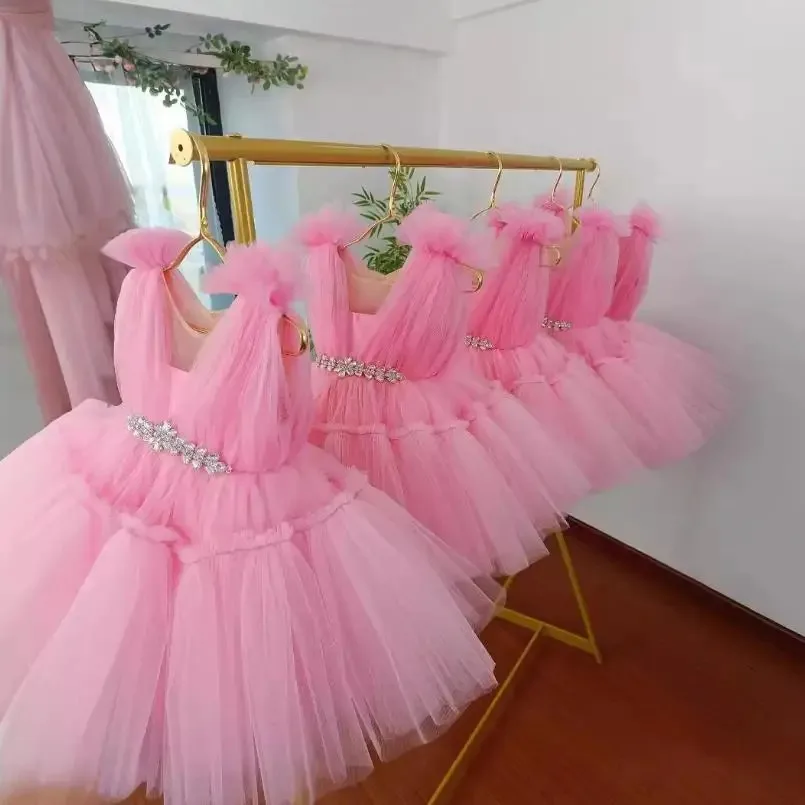 

Pink Tulle Tiered Ball Gown Flower Girl Dresses 2Kids Pageant Sleeveless Birthday Party Toddler First Communion Gowns