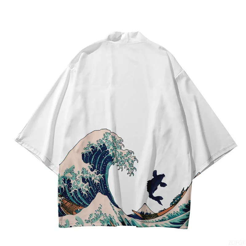 Schwarzer Kimono-Cardigan für Damen und Herren, japanischer Obi, männlich, Yukata, Herren-Haori-Mantel mit japanischem Wellenkarpfen-Druck, traditionelle japanische Kleidung – Detail 8