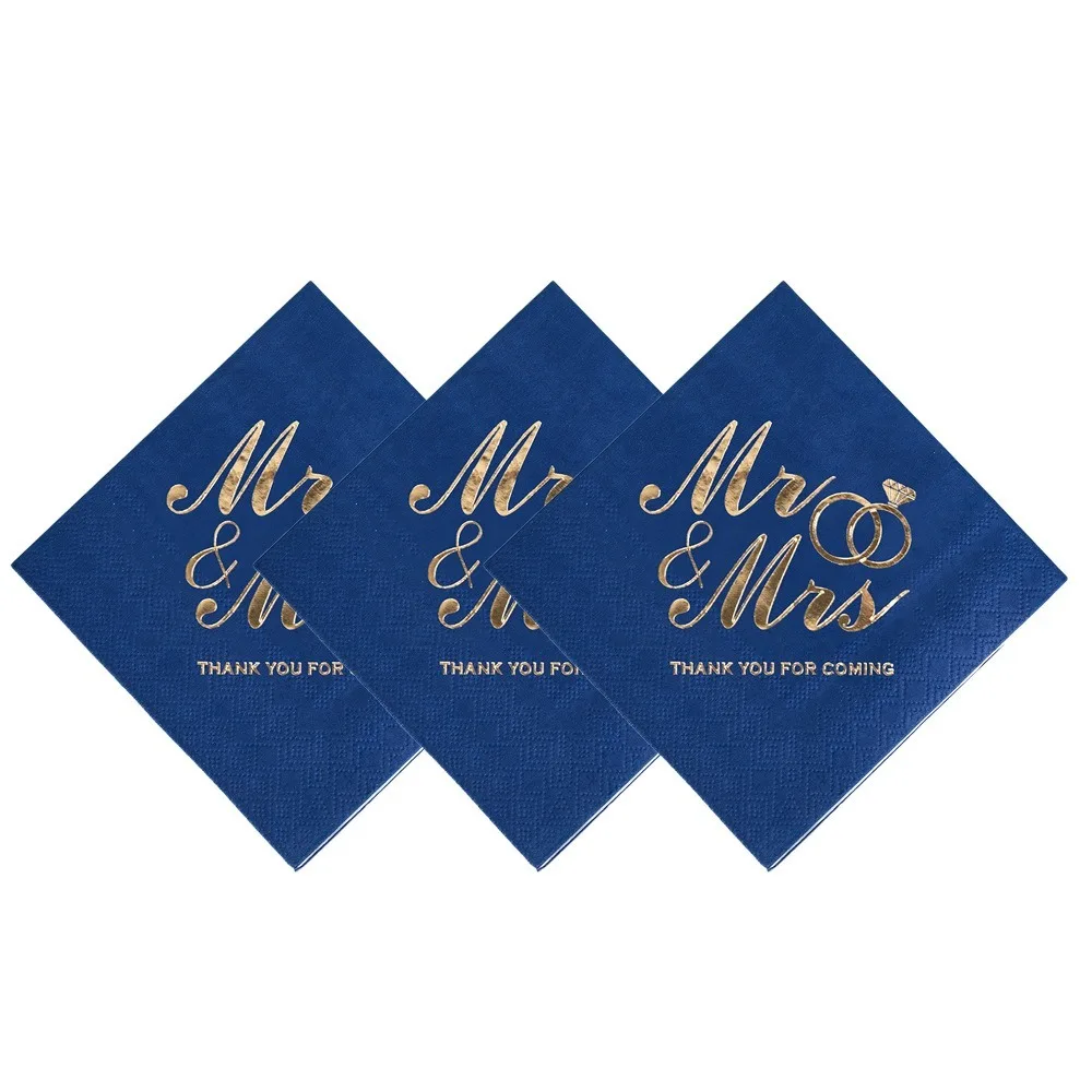 100pcs Bronzing Printed Mr Mrs Wedding Napkins 3-Ply Soft Cocktail Napkins Paper Disposable for Wedding Anniversary