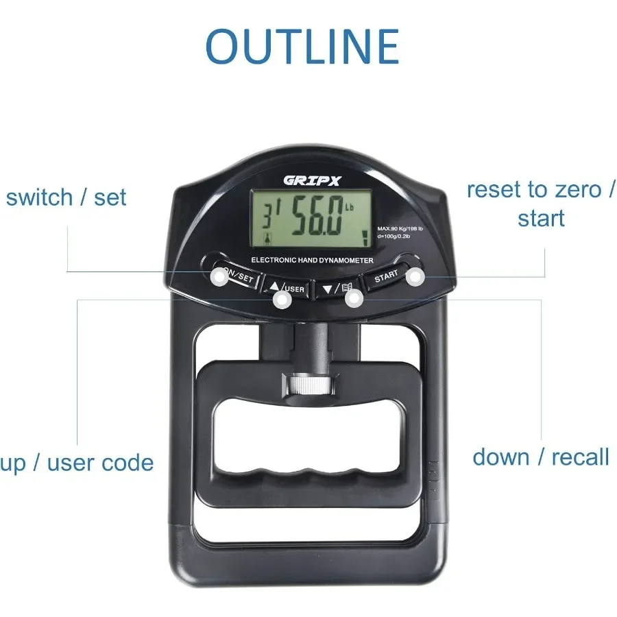 Digital Hand Dynamometer Grip Strength Measurement Meter Auto Capturing Electronic Hand Grip Power 198Lbs / 90Kgs