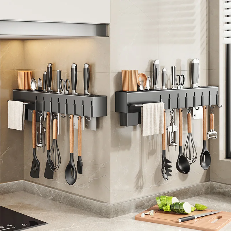 

Multi-function Kitchen Knife Holder Wall-mounted Chopsticks Tube Rack Drain Integrated Storage Organizer Knives Hanger Hooks