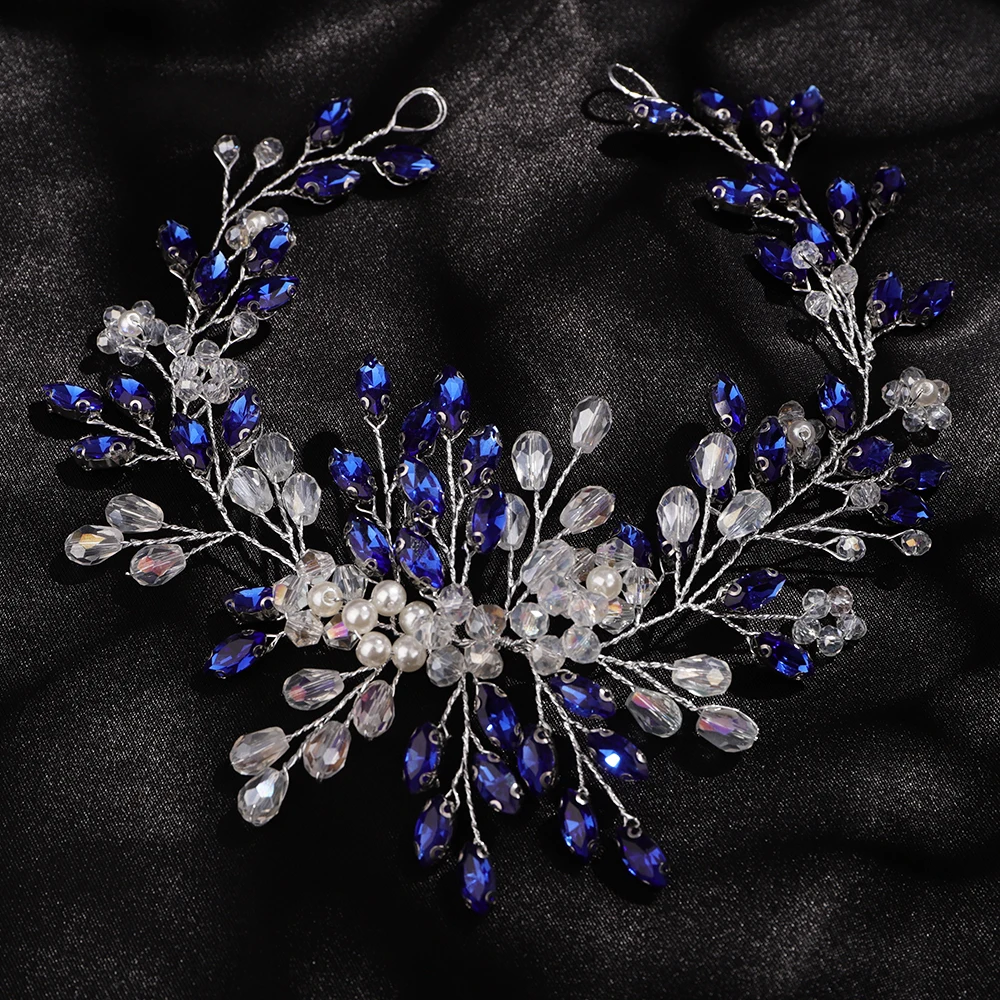 Rhinestone Headband for Wedding Headpiece Handmade Pearl Crystal Bridal Hair Jewelry Headwear Blue Hair Accessories Tiara