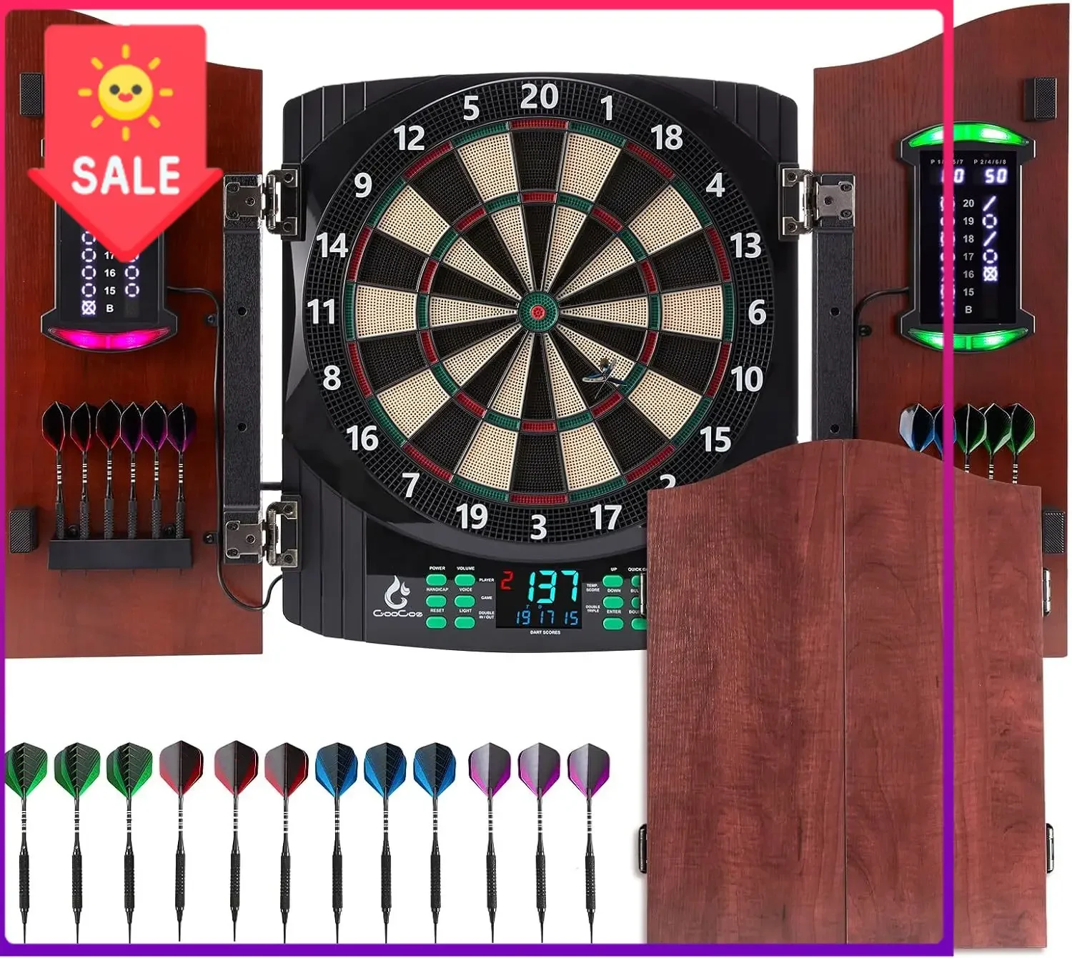 Electronic Dart Board with Wooden Door, Light Effects & Heckler Mode Electric Dartboard with 12 Darts & 100 Soft Tips, 50 image 2