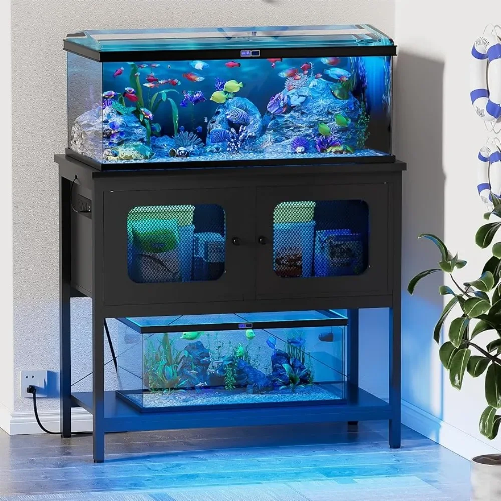 

40 Gallon Fish Tank Stand with Magic Power Outlet & Smart LED Lights, Aquarium Stand with Locker, Heavy Duty Metal Frame