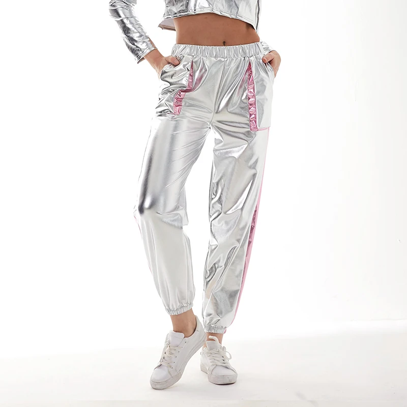 Women Shiny Patchwork Joggers Trousers Metallic Sweatpants Party