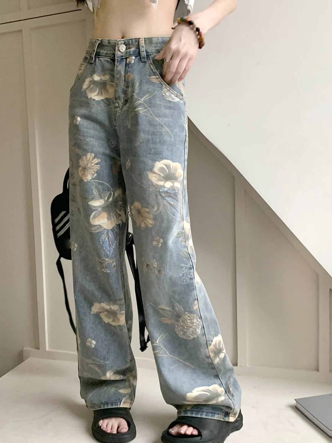 Vintage Hottie Fashion Printing Jeans Women Summer High Waist Appear Thin All-match Casual Wide Legs Mopping the Floor Trousers