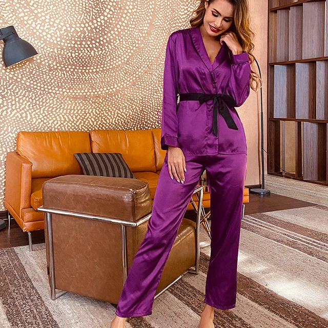 Conjunto de pijamas de seda satinada para mujer, de 2 piezas ropa de dormir, Color negro y sólido, de lujo, para invierno _ - Mobile