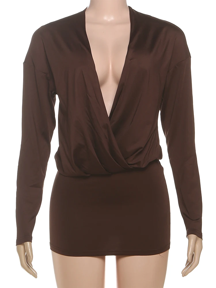 Nibber Cross Deep V-Neck Dress Women Full Sleeve Stretch Solid Midnight Street Clubwear Party Autumn Trend Elegant Mini Bodycon