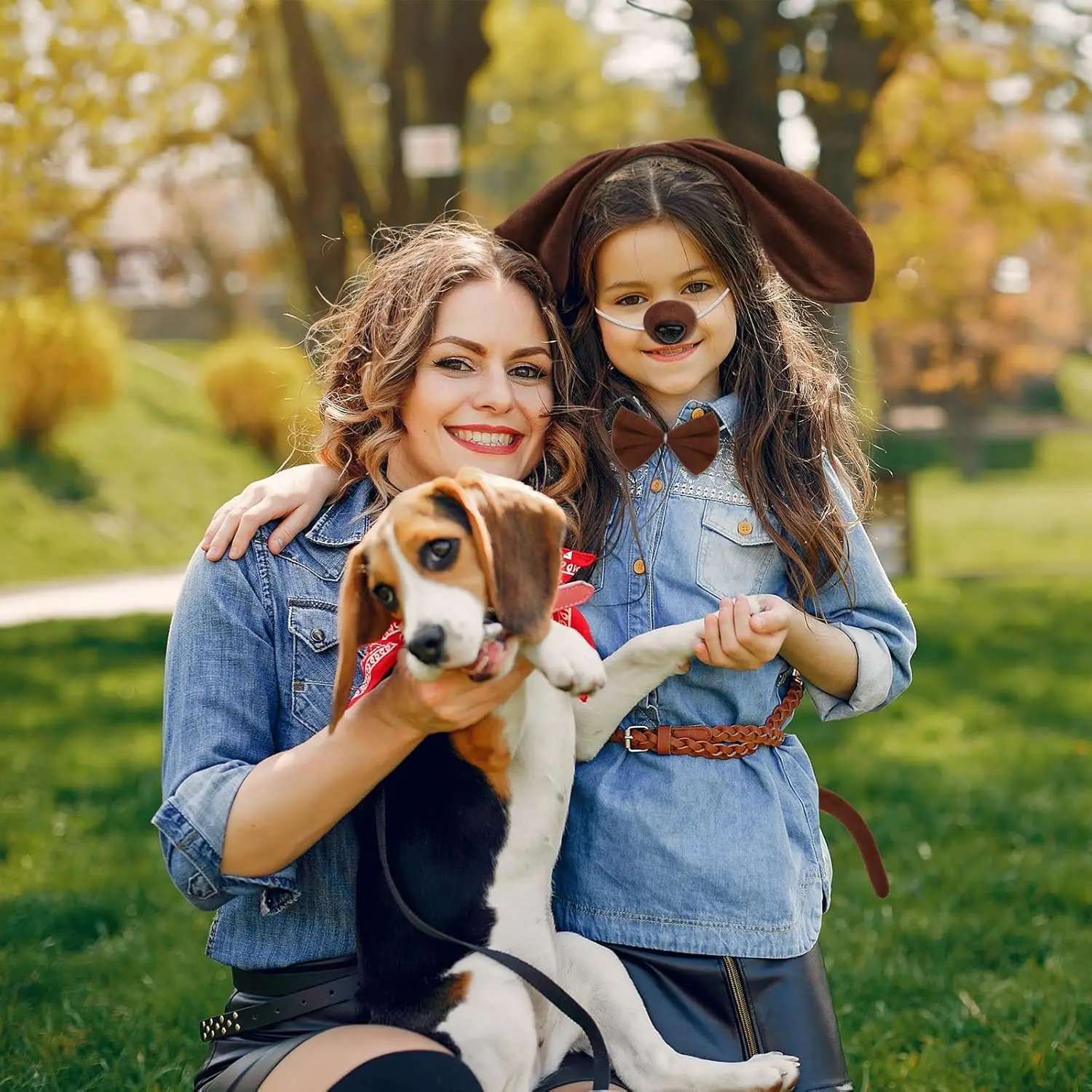 4PCS Brown Dog Costume Set Puppy Animal Dog Ear Headband Tail Nose Bow Tie Cosplay Costume Accessories For Adult Kids Halloween