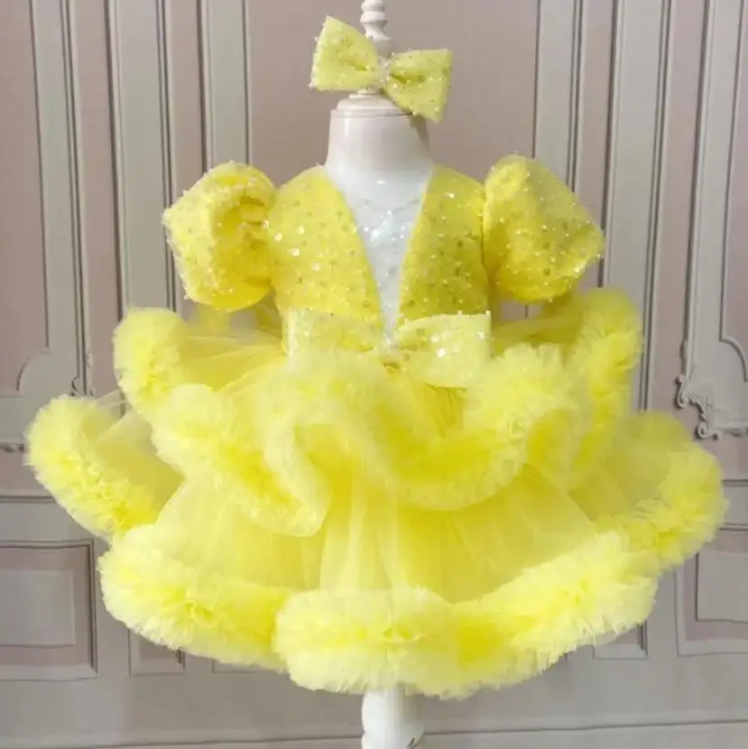 

Fluffy Baby Girls Dresses for Party Birthday Princess Tiered Tulle Sequin V Neck Tutu Dress Formal Prom Gowns Flower Girl Dress