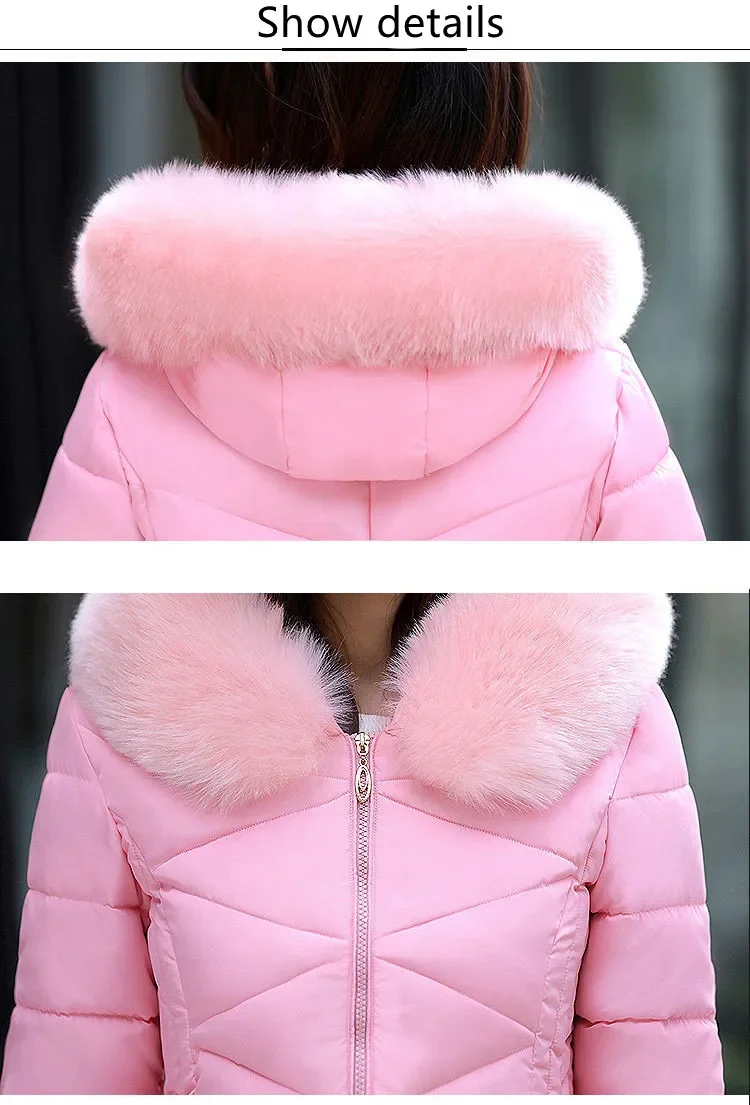 Korean Fashion Slim Thin Long Down Cotton Jacket Winter Warm Thick Parkas Cotton Women Snow Outerwear Big Fur Collar Female Coat