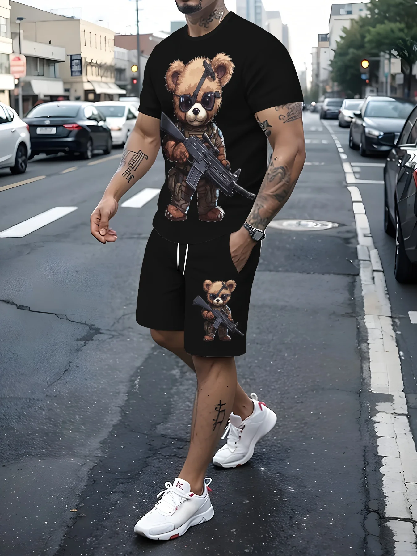 3D Cartoon Teddy Bear Print Men's T-shirt Shorts Set, Summer Casual Everyday Men's Short-sleeved Outdoor Street Men's Shorts 5