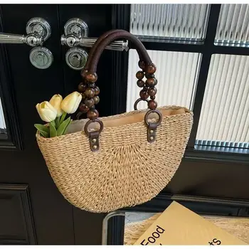 Borsa Intrecciata a Mano con Manico in Perle di Legno, Borsa a Tracolla da Donna di Grande Capacità, Borsa da Spiaggia per Vacanze