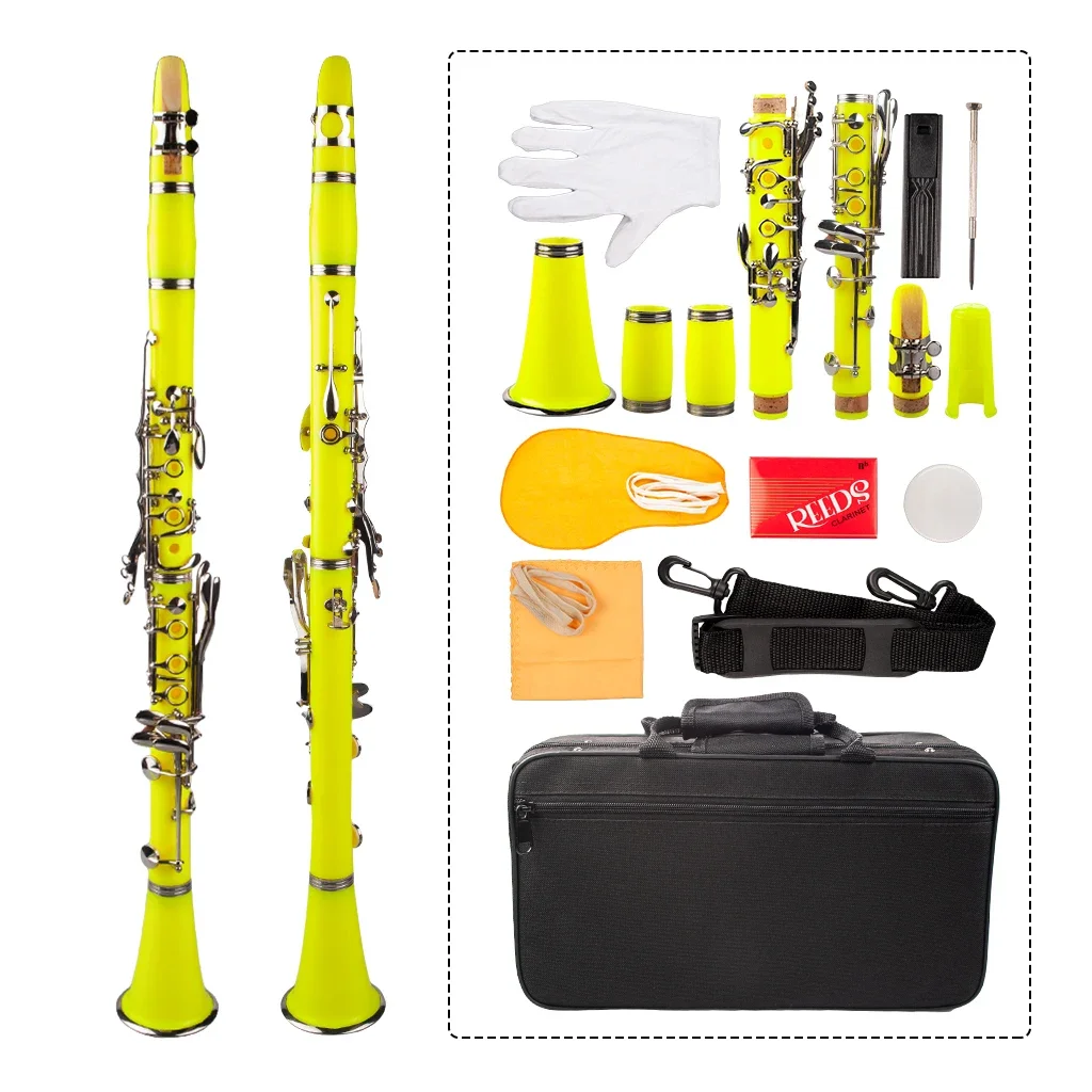 PRO Yellow B Flat Clarinet For Intermediate Student ABS Clarinet Special Practice Mouthpiece Clean Cloth Reeds Cork Grease Case