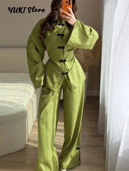 Linen Casual Frog Buttons Pants 2 Pieces Sets Women Loose Stand Collar Lace Up Shirts Wide Leg Pants 2026 Spring Lady Outfits 1