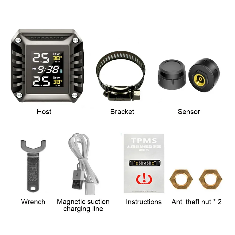 Wireless Motorcycle TPMS 2 External Sensors Motorbike Tire Pressure Monitoring Tyre Temperature Alarm System with Time Display