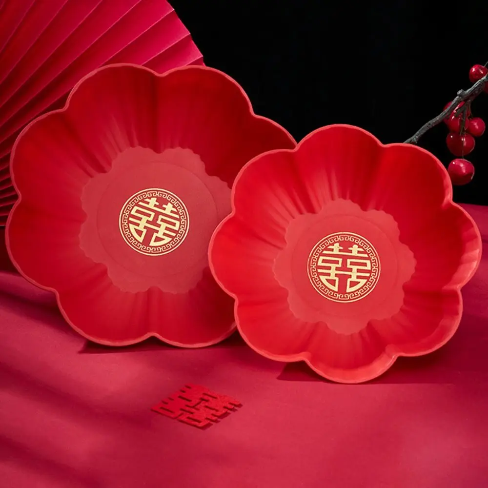 1Pcs Wedding Banquet Red Tray Durable Decorative Snack Fruit Toast Chinese Traditional Plate Festive Supplies Plastic Xi Tray