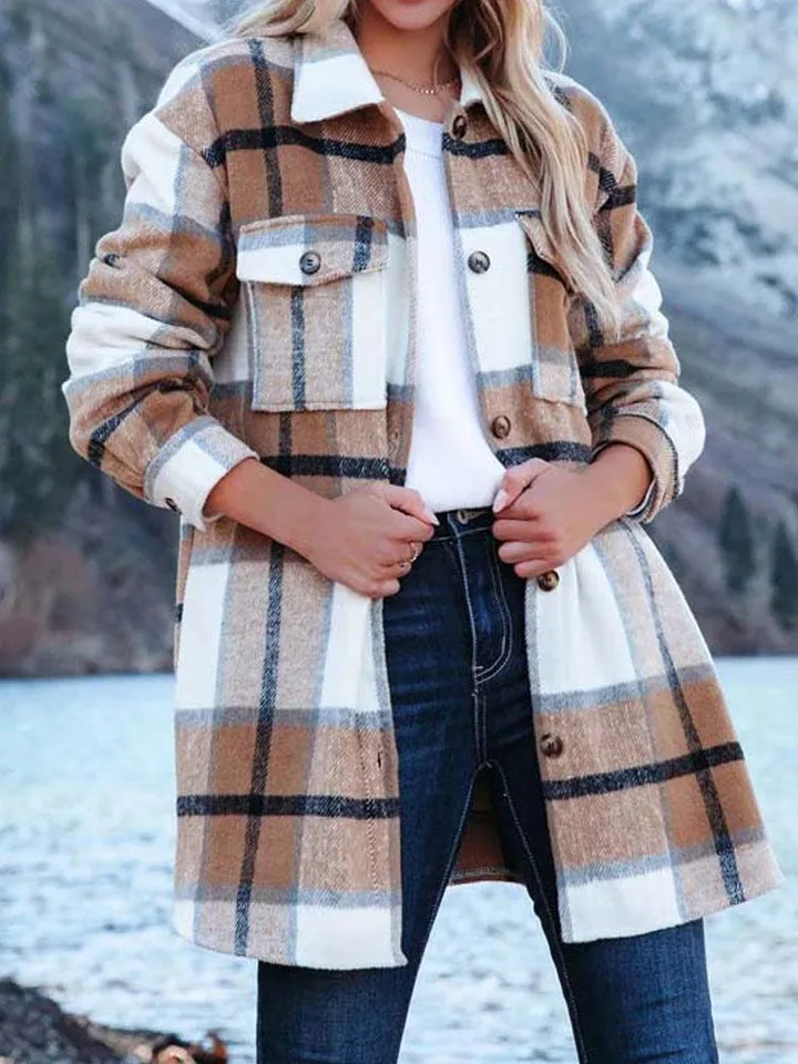 2023 Autumn Long Plaid Jacket Women Button Up Winter Coat Ladies