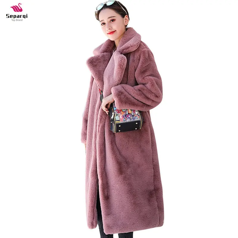 

SEPAQI 2024 New Winter Black Long Faux Fur Coat Long Sleeve Black S-XXL Fake Mink Fur Coats Overcoat Women Long Jacket