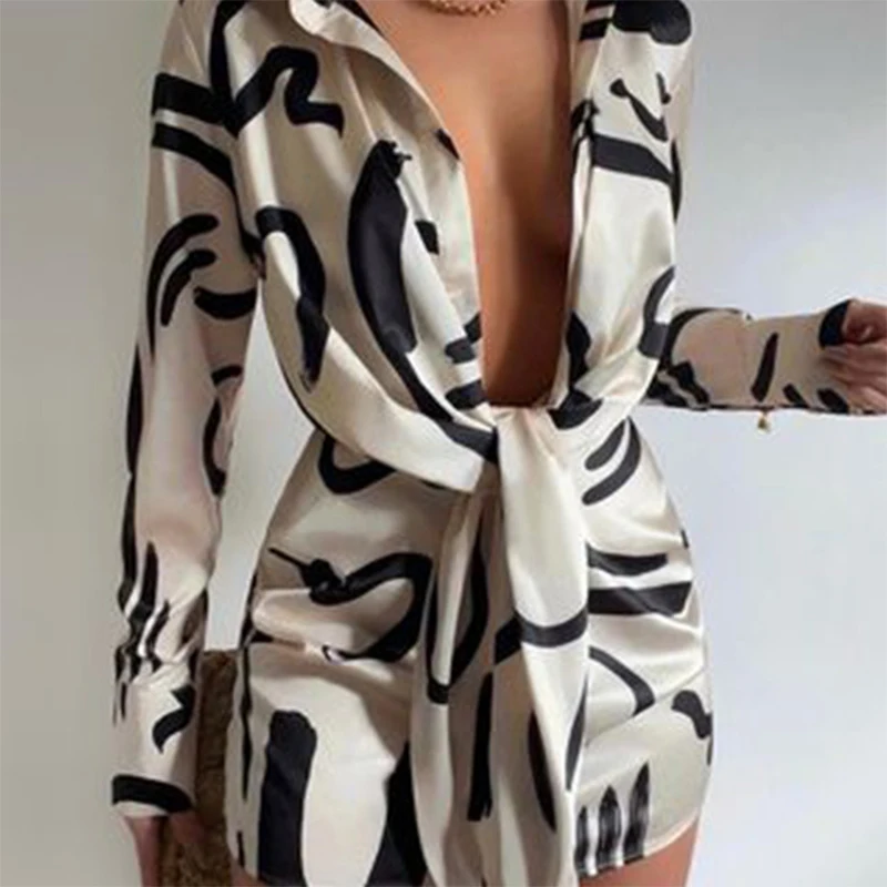 

Schinotch Summer Women Sexy Dress Long Sleeves Satin Stripe Printed Bandage Night Club Mini Shirt Dress