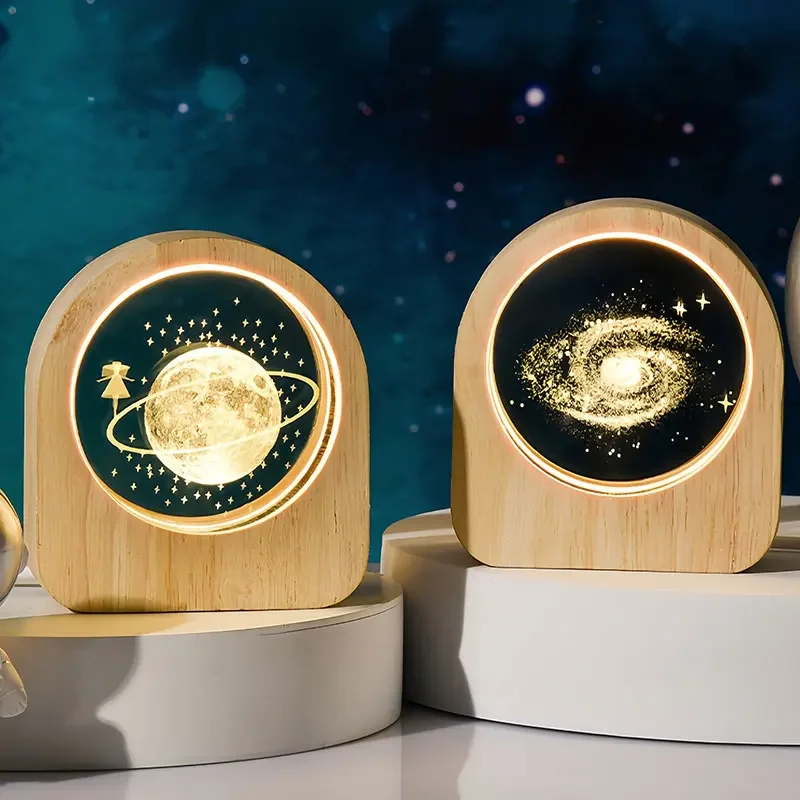 Enchanting Starry Sky Crystal Ball with Wooden Base - Solar System Galaxy Decor for Valentine's and Home Elegance