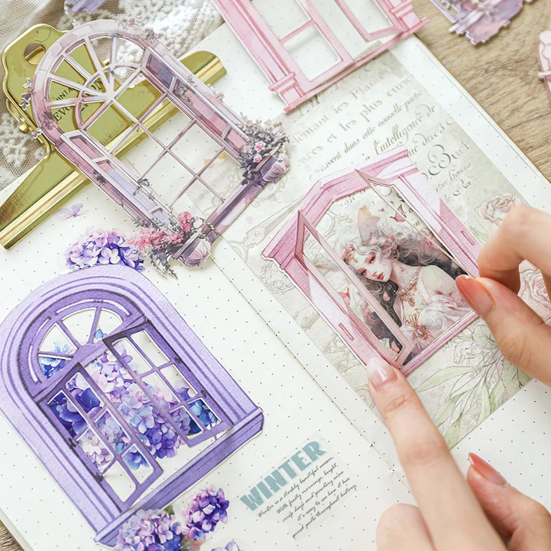 10PCS Window Stickers for Scrapbooking Decorative Hollowed Frame Sticker Pack Self-adhesive Diary Junk Collage Journal Material