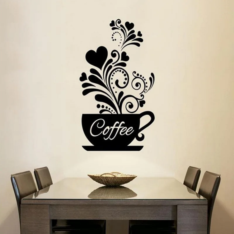 Creative Flower Vine Coffee Cup Wall Sticker Cafe Restaurant Decoration
