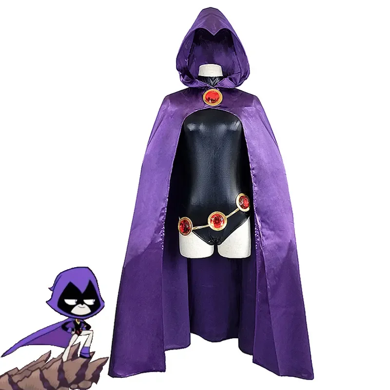 

Teen Titans Raven Cosplay Costume Superhero Cloak Jumpsuits Zentai Halloween Tight clothes + Cape + waist jewelry chain