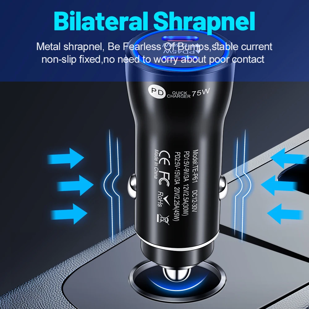 75W 2-port USB C Car Charger In Car Fast Charge Adapter For iPhone Xiaomi Samgsung Car Phone Charger