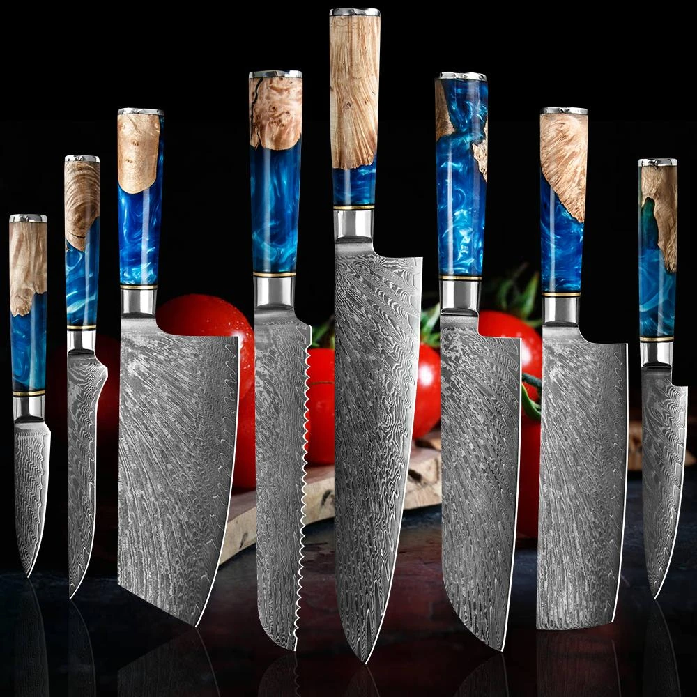 wooden chopping board with knife set Chef Knife Damascus steel 67 layer VG10 professional Japanese santoku Cleaver Slicing Boning Knives Set Blue Resin Wood Handle Kitchen Knives & Accessories hot