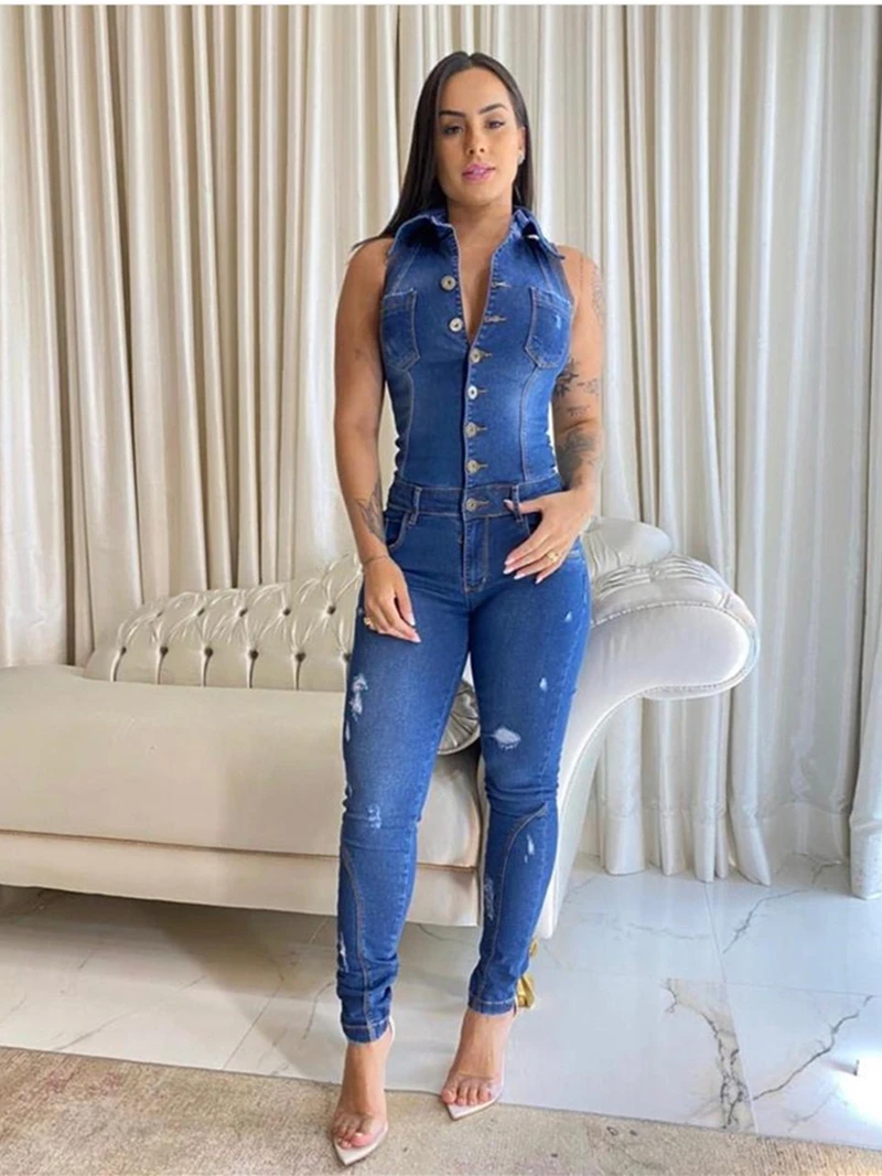 

Vintage Ripped Denim Jumpsuits for Women Summer Clothing Sleeveless Bodycon Jean Rompers Playsuits One Pieces Overalls Outfits