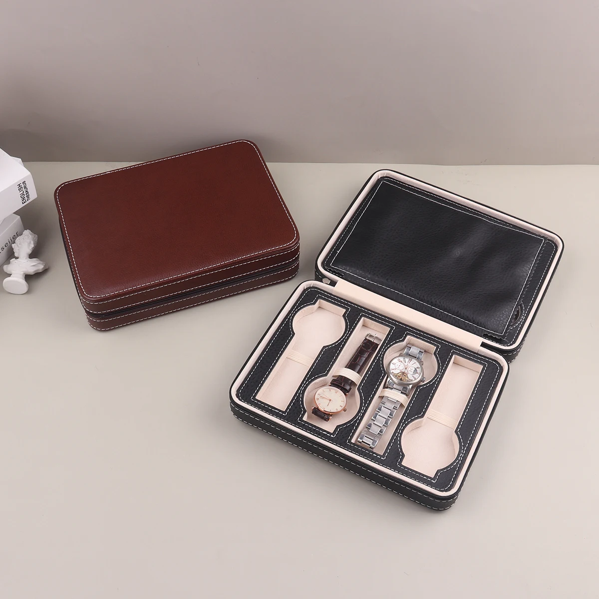 Black/Brown 8 Slot Durable Fashion Zipper Watch Bag PU Leather Portable Travel Watch Jewelry Storage Bag