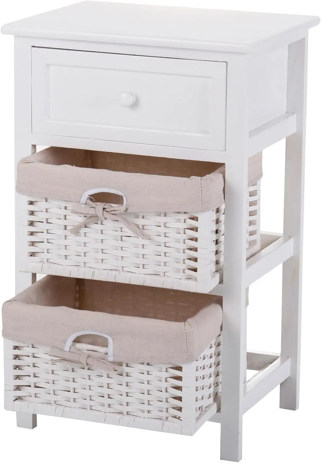 Fully Assembled Nightstand with 2 Rattan Wicker Baskets, Wooden Bedside Sofa Table, Mid Century Modern End Table for Bed