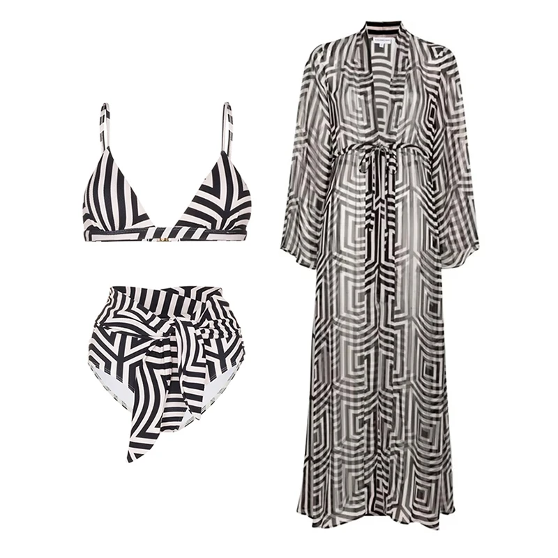 

Geometric Print Sexy Bikini and Kimono Feminine Bikinis and Long Sleeve Cover-Ups 2 pieces Swimsuit Beach Outfits for Women