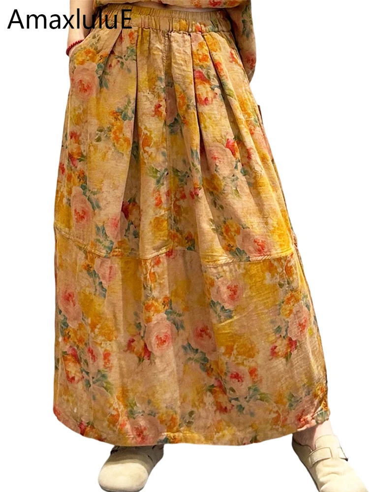 Amax LuluE 2026 Japanese Design Loose Floral Skirts Womens Fashion Classic Luxury Clothes Ladies Vintage Cotton Linen Streetwear