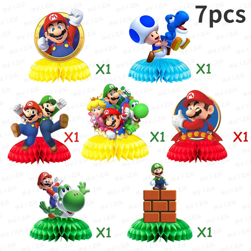 

7PCs/set Super Mario Themed Party ornments Toys Children Mario Figure Honeycomb Ball Party Cartoon Japanese anime Birthday Gifts