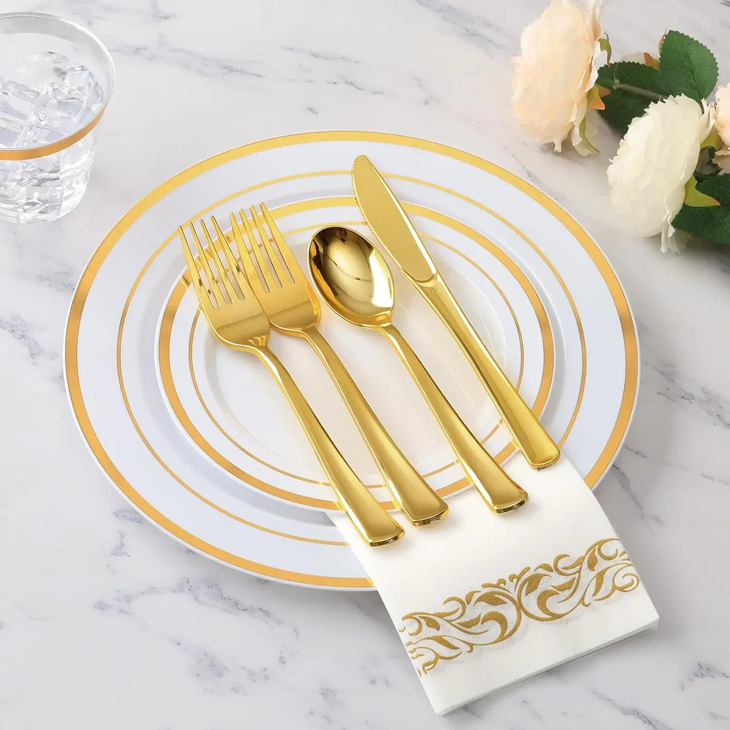 700 Piece Gold Dinnerware Set for 100 Guests Disposable for Party Include Gold Rim Dinner Plates Dessert Plates Paper Napkins