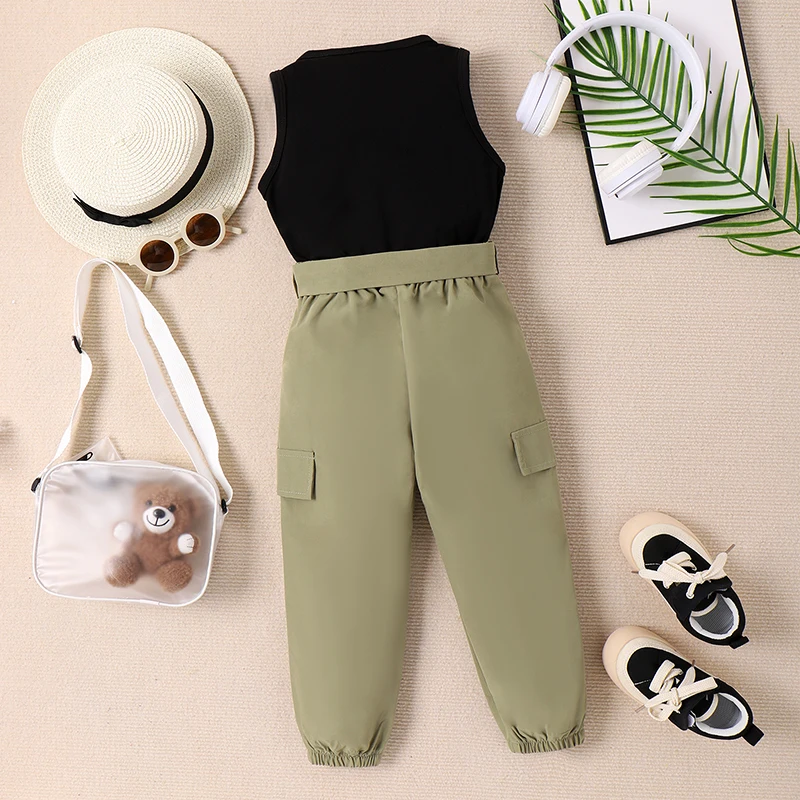 

Kids Girls Boys 2-piece Outfit Sleeveless Crew Neck Letters Print Tank Top Pants Set with Belt Summer Clothes for Girls Boys