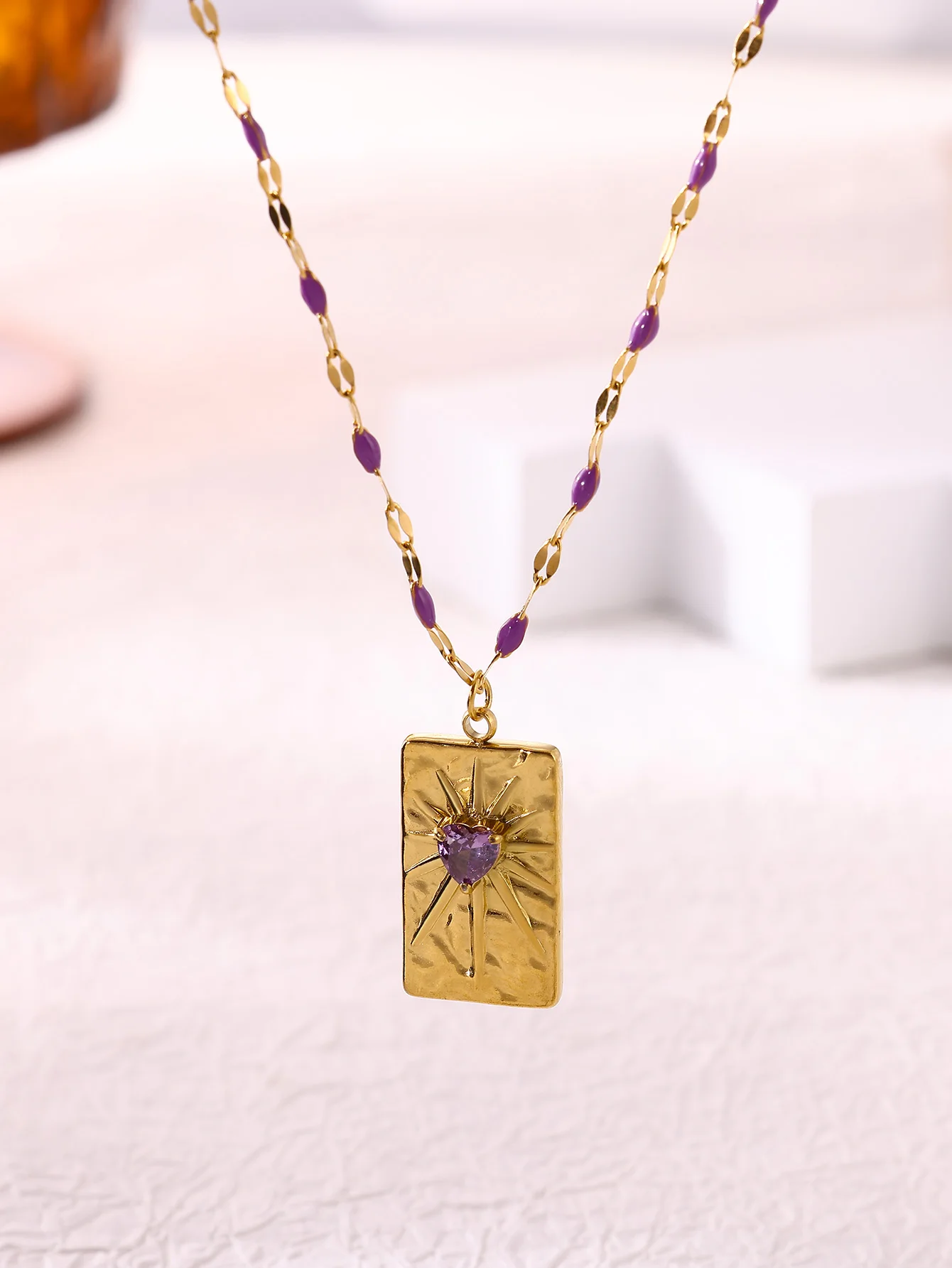 Zircon Heart Square Pendant Necklace for Women Gold Color Stainless Steel