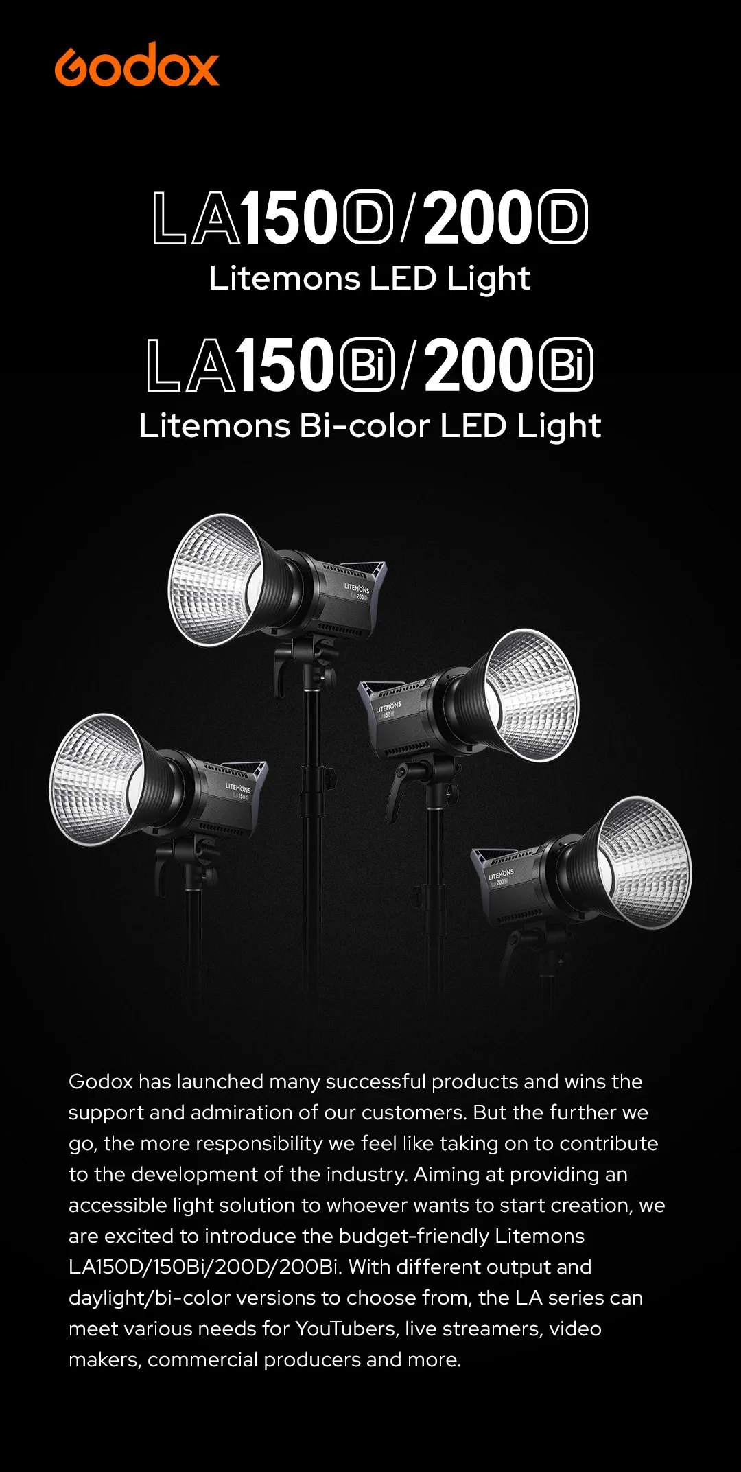 LA200D LA200BI 230W LA150D LA150BI 190W LED Video Light LCD Panel Continuous Out