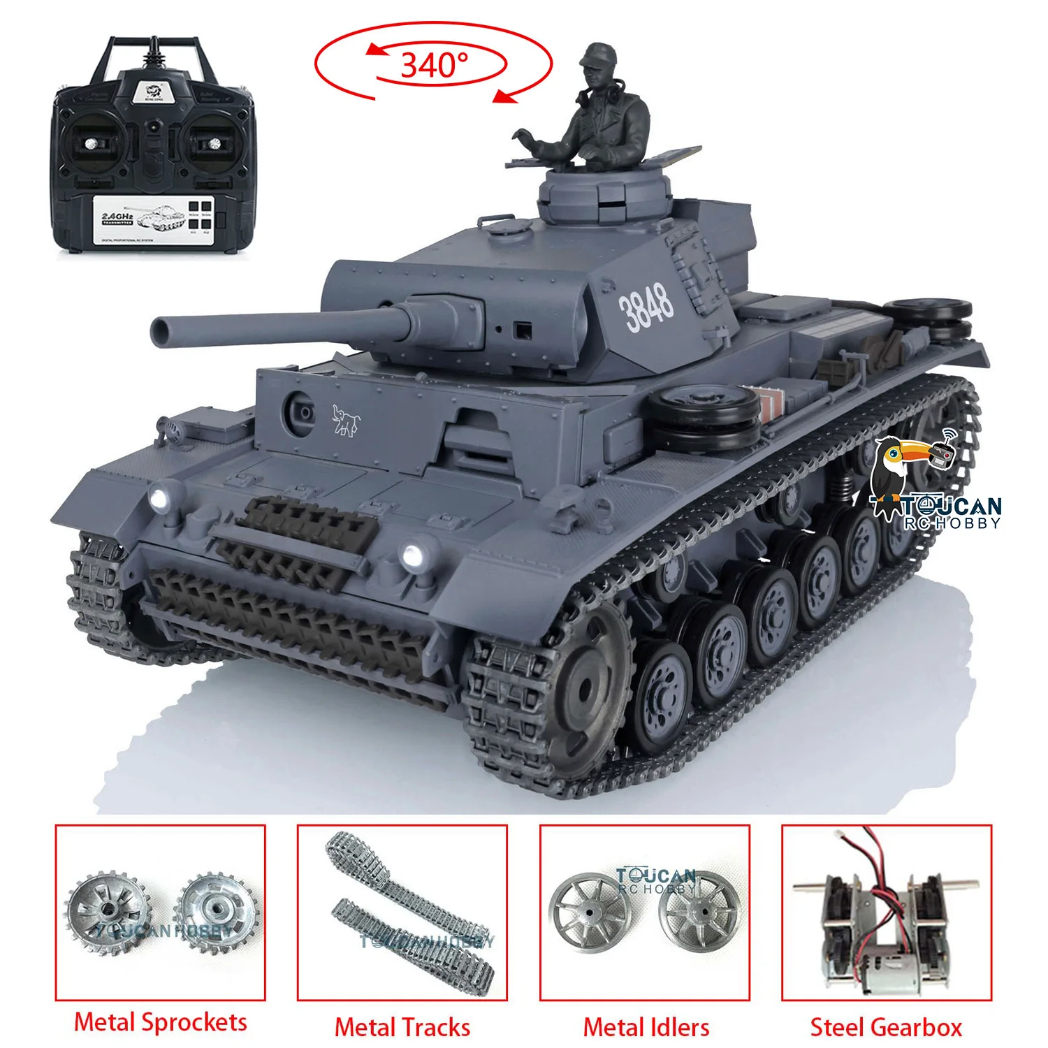 Détail du canon Airsoft sur le char RC HengLong Tigre I 1/16 RTR, tank robot télécommandé pour collectionneur, avec peinture camouflée.