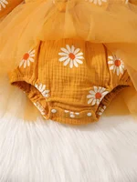 Newborn Baby Girl Romper Dress Long Sleeve Flowers Print Tulle Bodysuit Yellow Spring & Autumn Dress with Headband Clothes 6
