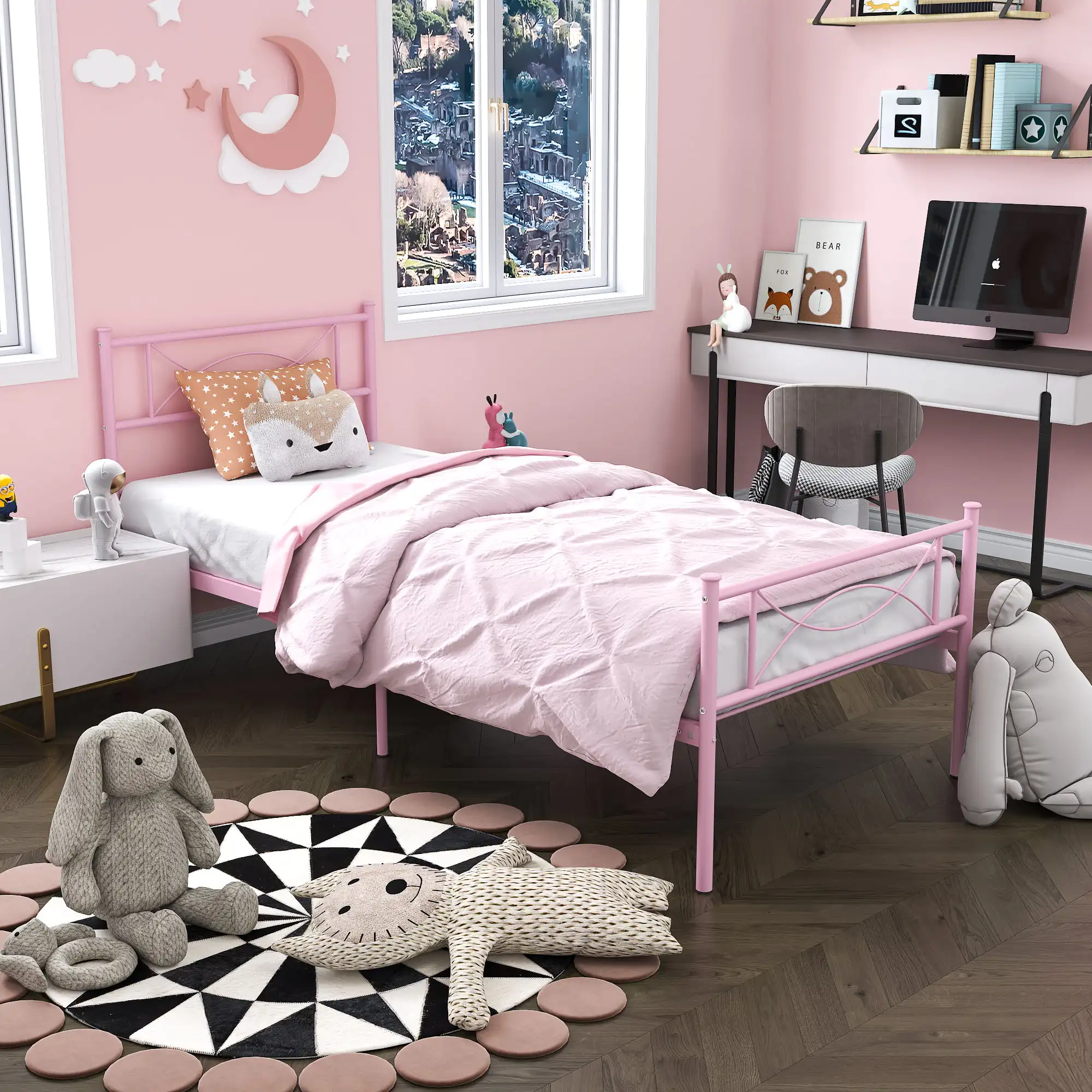 цена Kids Metal Platform Bed Frame Twin Single Bed Bedroom Furniture